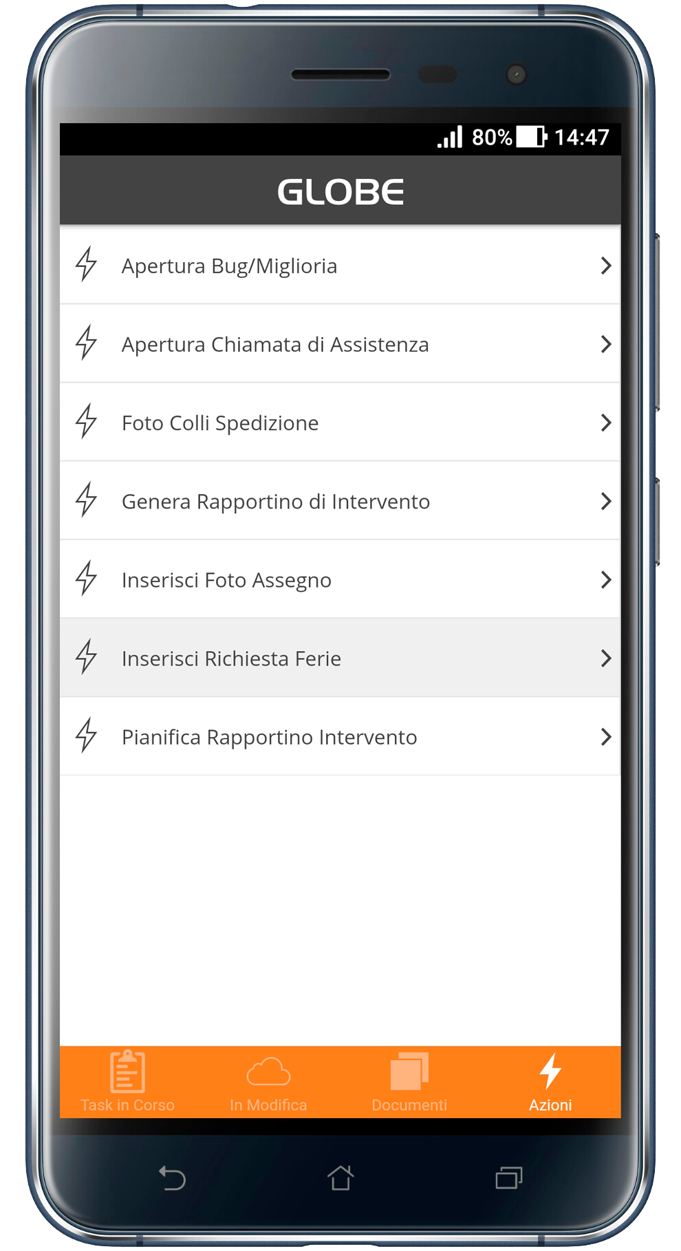 menu azioni app globe android